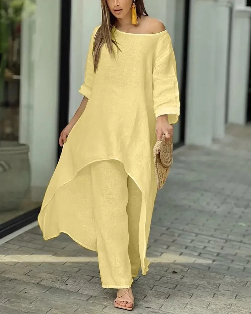 Plus Size Women's Indie Folk Asymmetrical Dress and Pants Set