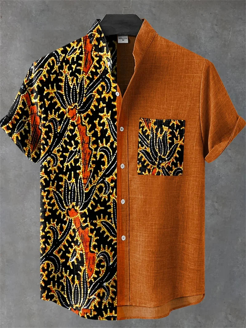 New Vintage Style Men's Linen Short Sleeve Shirt Flower Top Fashion Casual Holiday Fashion Men's Printed Shirt