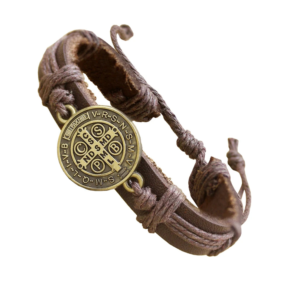 St. Benedict Medal Leather Bracelet for Unisex Fashion