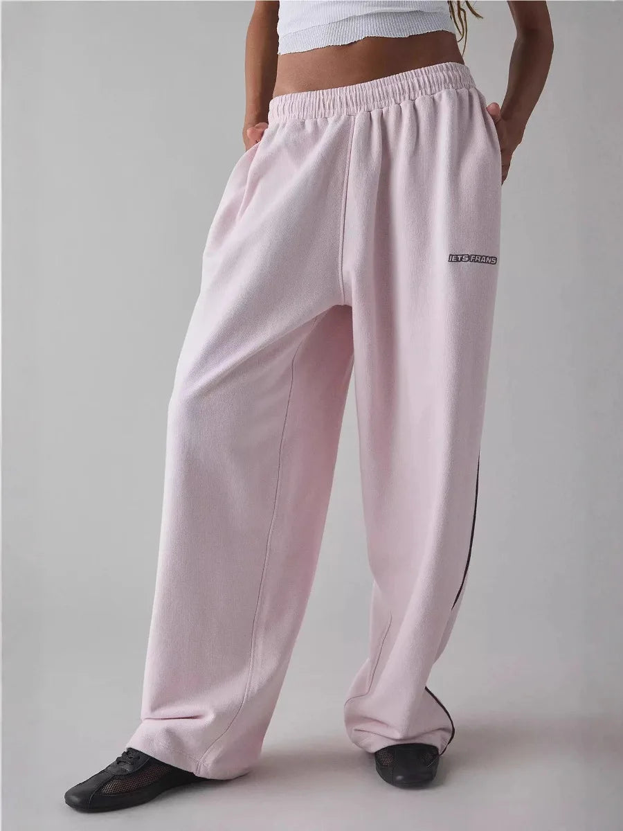 Pink Loose Casual Pants for Women in Cotton Embroidery