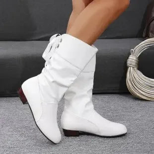 YBQJOO Women's Mid-Calf Chelsea Boots in Red, Black and White