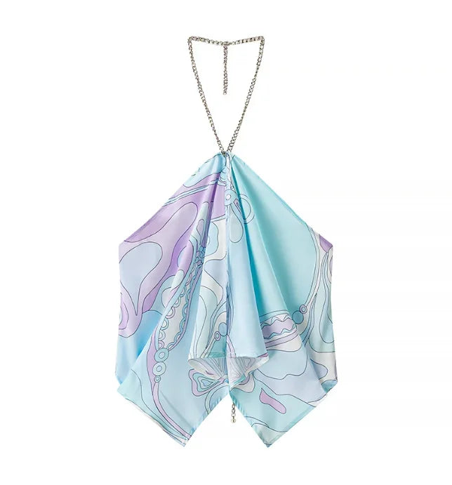 Lady Sexy Printed Backless Halter Top Chic Sleeveless Off Shoulder Irregular Loose Cropped Blouse 2026 New Vacation Beach Tops
