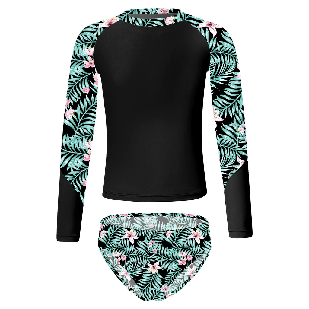 Kids Girls Long Sleeve Print Swimwear with Briefs for Beach