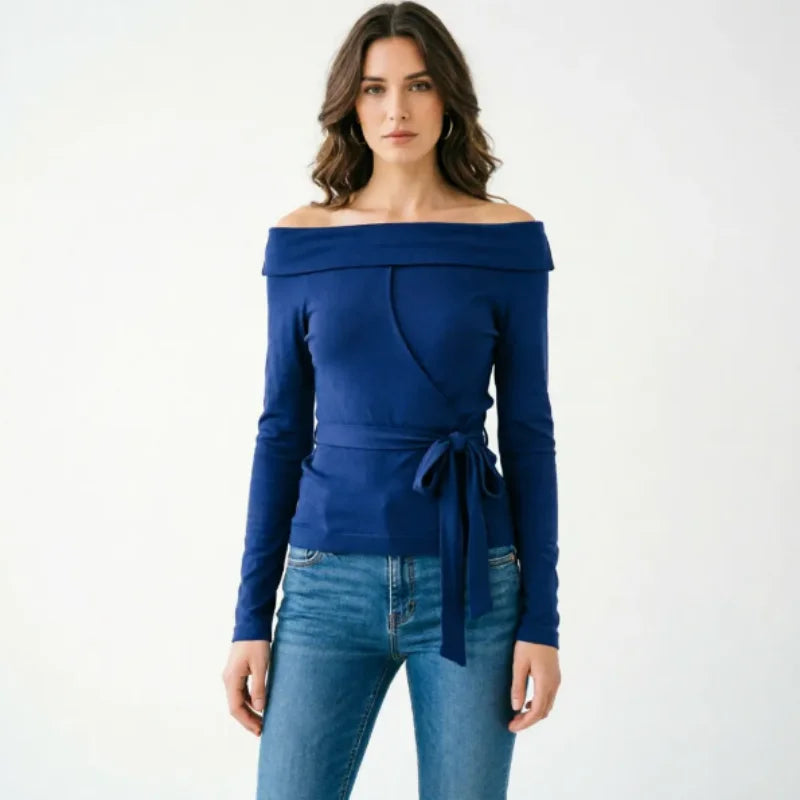 Charming Off-Shoulder Cotton Women's Top with Bow Tie