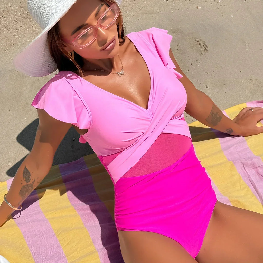 V Neck Tummy Control Women's Bikini Swimsuit with Ruffles