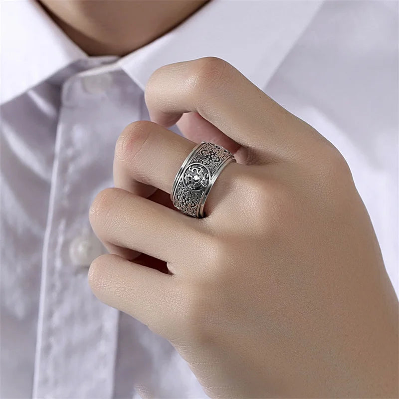 Rotable Powerful Beasts Ring For Men Jewelry Domineering Retro Carving Flower Ring Male Boyfriend Birthday Gift Many Sizes