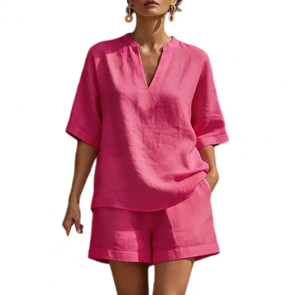 MALEY LifeStyle Summer Women's V Neck Pullover Top and Shorts
