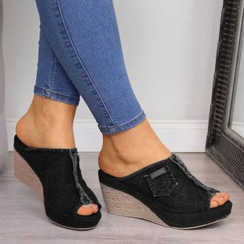 Women Summer Cowboy Slippers Retro Wedge Platform Shoes