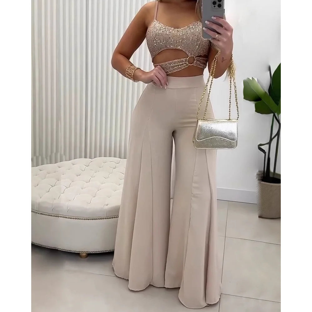 MALEY LifeStyle Women's Casual 2 Piece Outfit with Wide Leg Pants