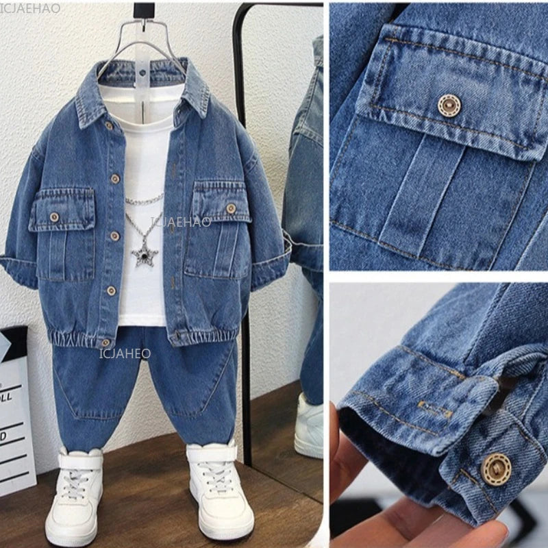 Trendy Boys Denim Set Cotton Jacket and Pants Outfit