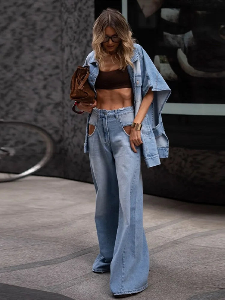 Chic Women's Irregular Denim Coats and Wide Leg Jeans Set