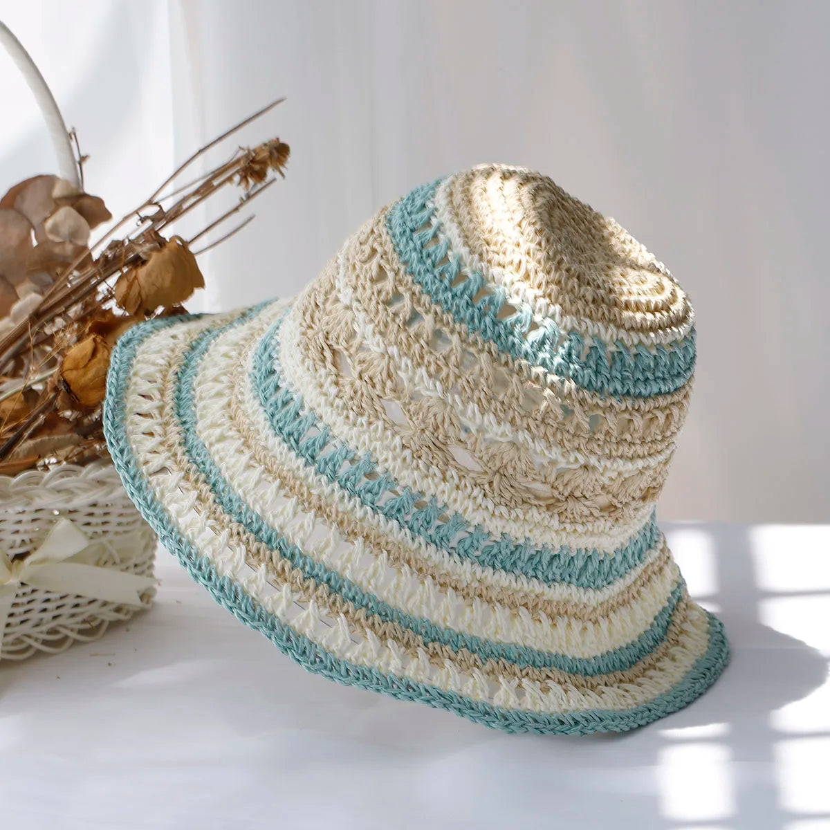 Multicolor Straw Bucket Hat for Women - Casual Summer Style