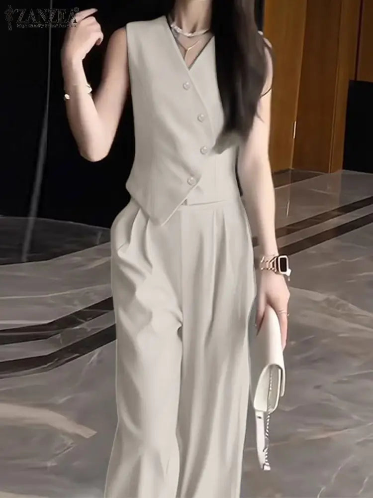 ZANZEA Summer Sleeveless Tops and Wide Leg Trousers Set
