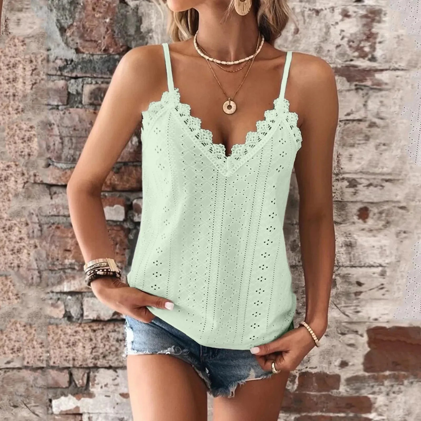Creme V Neck Lace Camisole Tank Top for Women