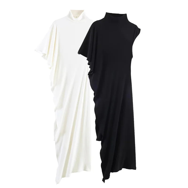 Asymmetrical Pleated Black Top for Women in Polyester
