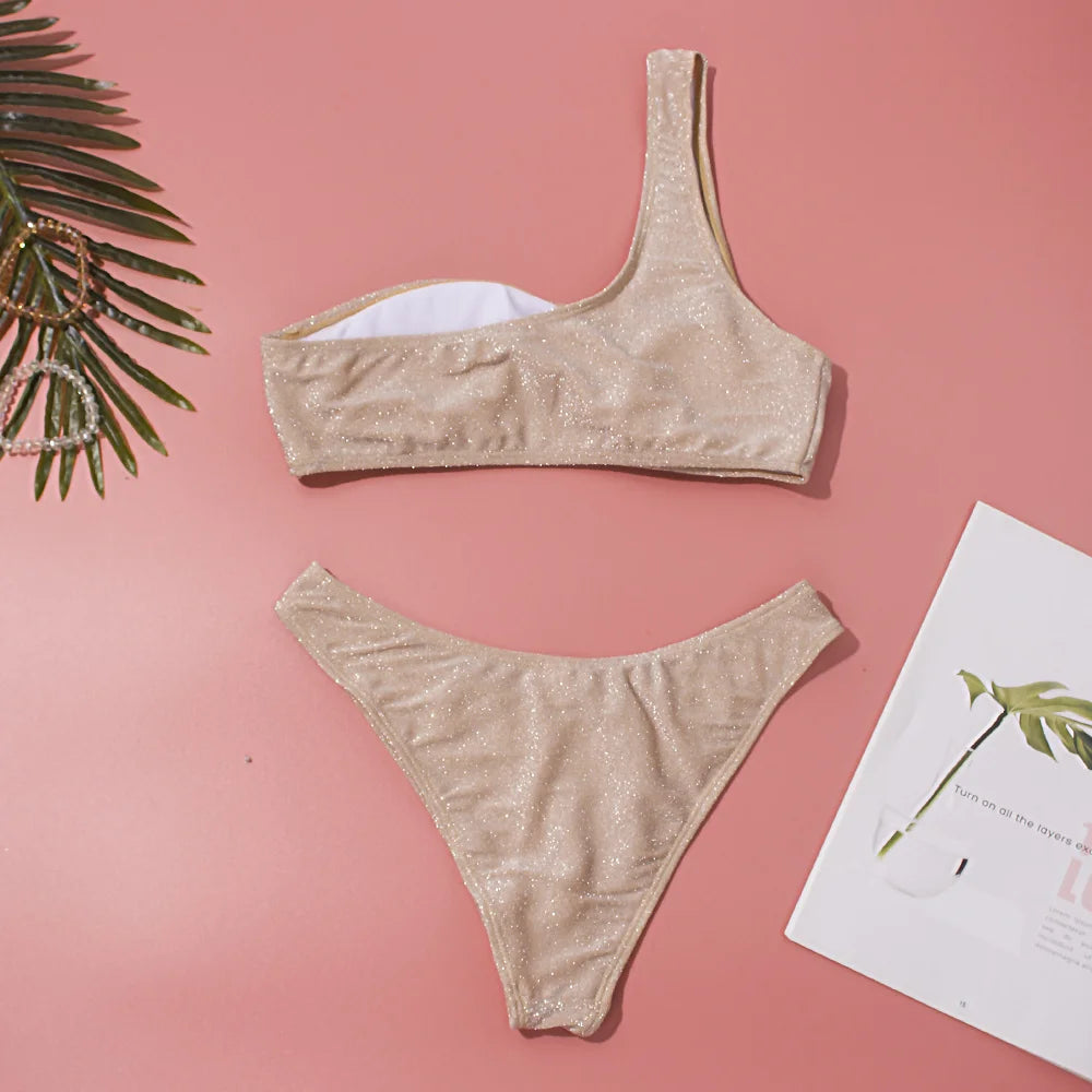 One Shoulder Glitter Bikini Set for Women by seagm