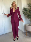 Chin.Sweety Women's Feather Blazer Pants Set for Office Wear
