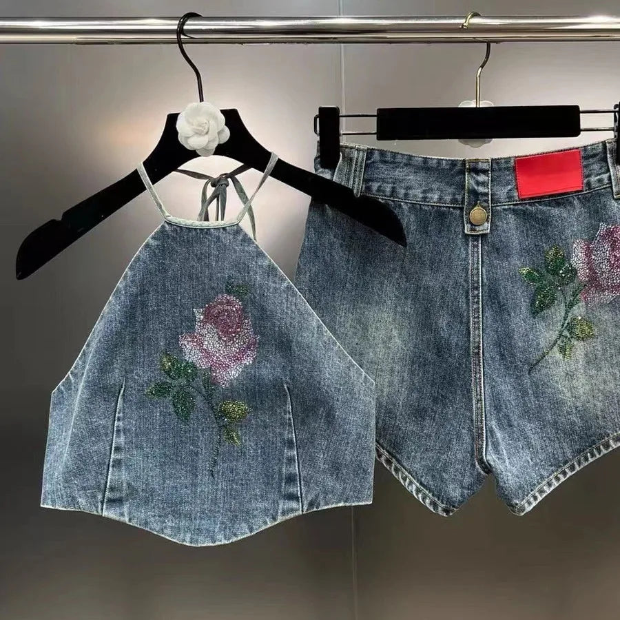 Rose Tank Top and Elastic Waist Shorts Set for Girls