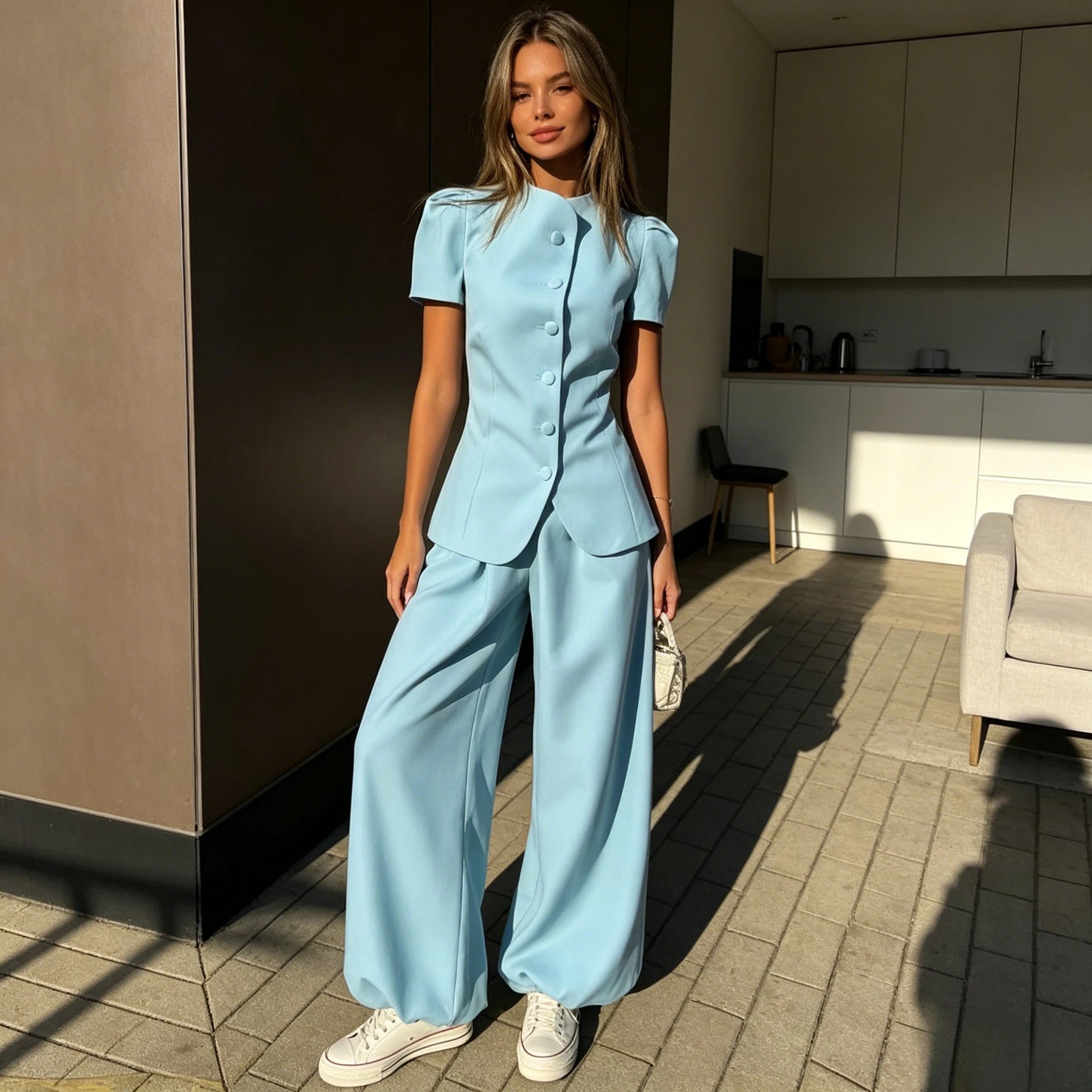 Sophisticated Women Two Piece Pant Set with Wide Leg Trousers