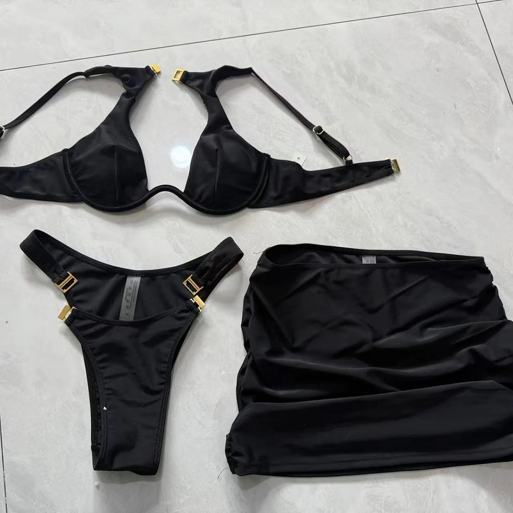 Black High Waist Bikini Set for Women in Nylon and Elastane