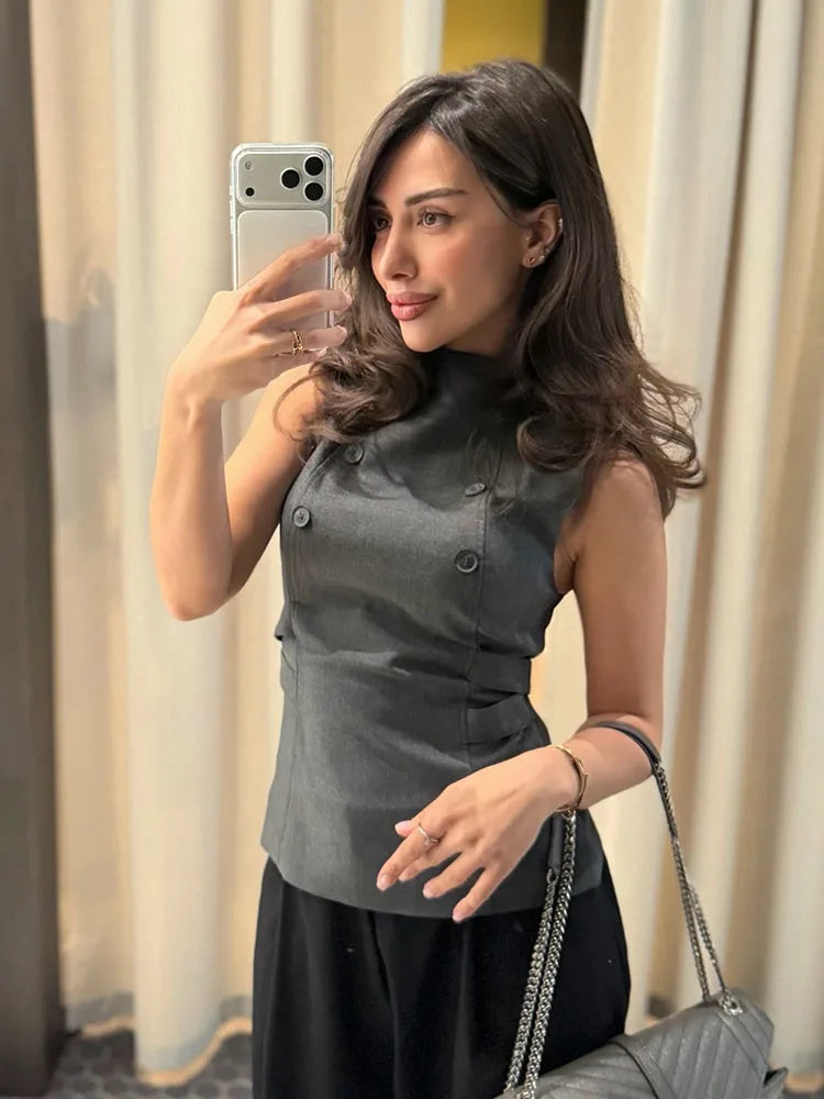 HH Woman 2026 Summer New Fashion Elegant Short Top Fashion Female High Collar Sleeveless Back Zipper Casual Slim Solid Vest Top