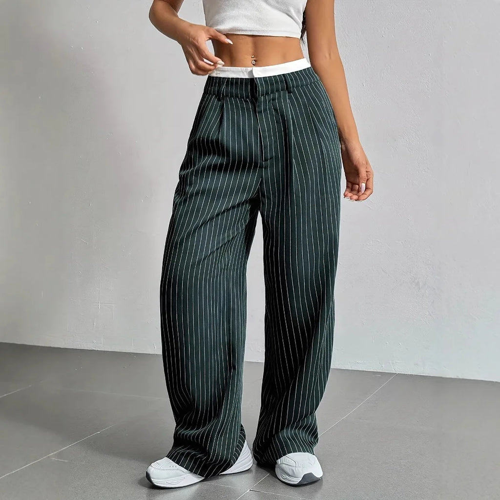 Women's High Waisted Stripe Straight Pants for Office Wear