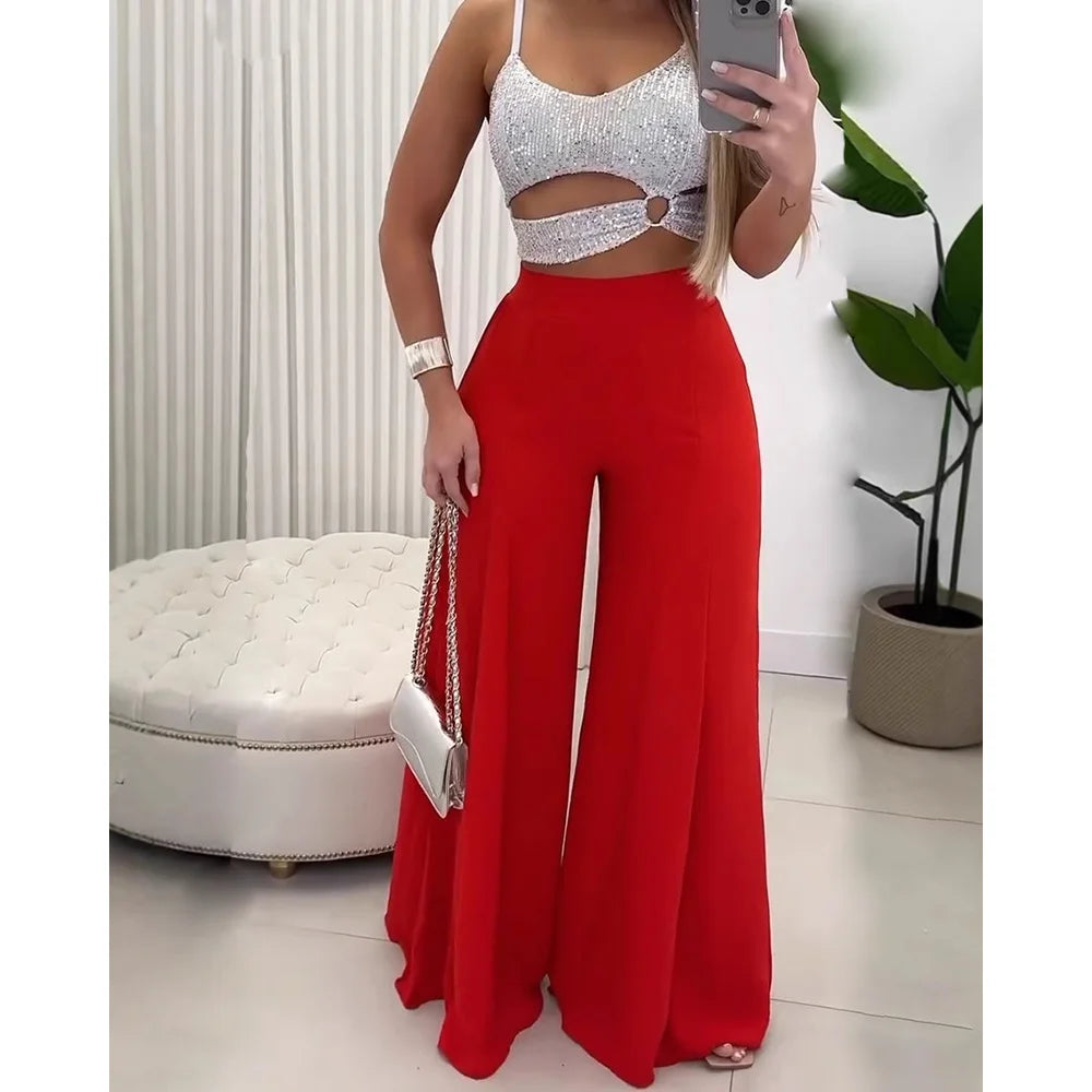 MALEY LifeStyle Women's Casual 2 Piece Outfit with Wide Leg Pants