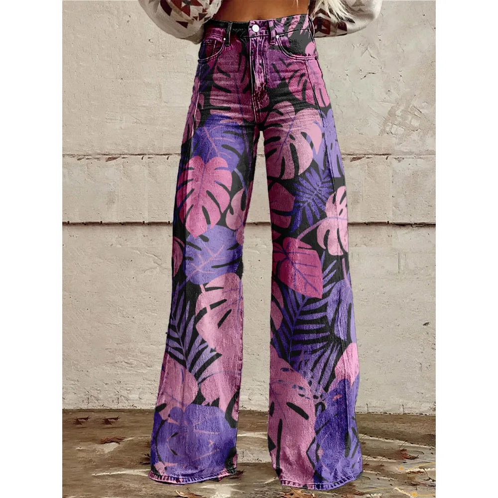 Colorful Tropical Leaf Print Wide Leg Pants for Women