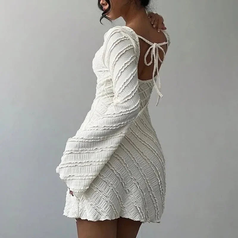 Classic White Knitted Women's Dress with Boat Collar