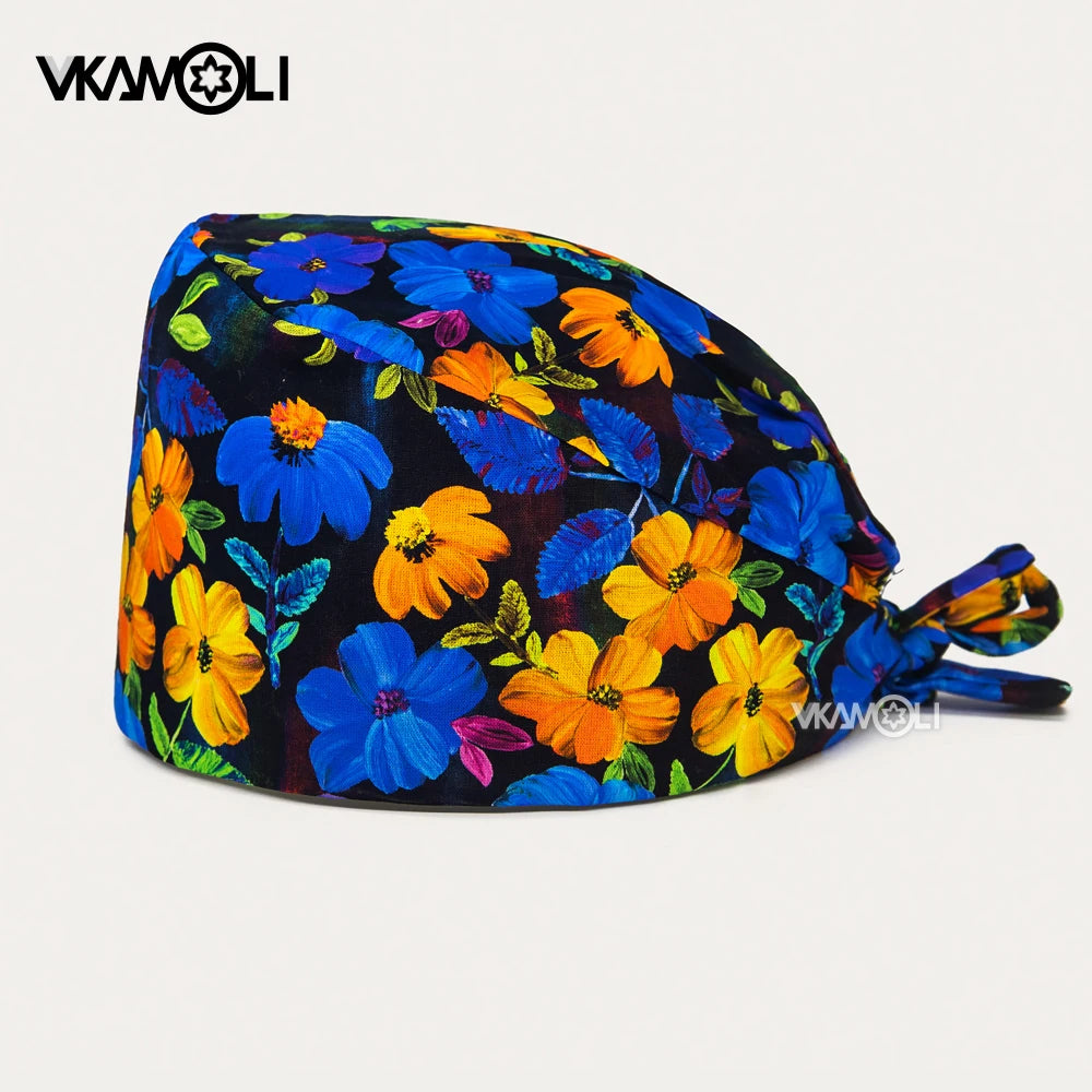 Adjustable Cotton Flower Print Scrub Caps for Women and Men