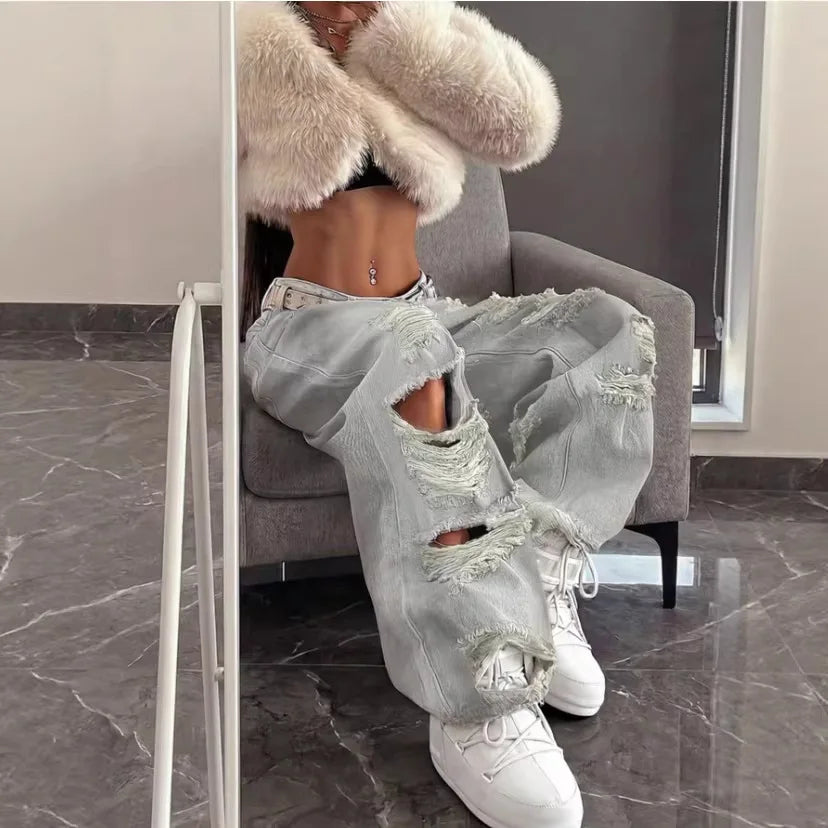High Street Ripped Straight Wide-Leg Jeans for Women