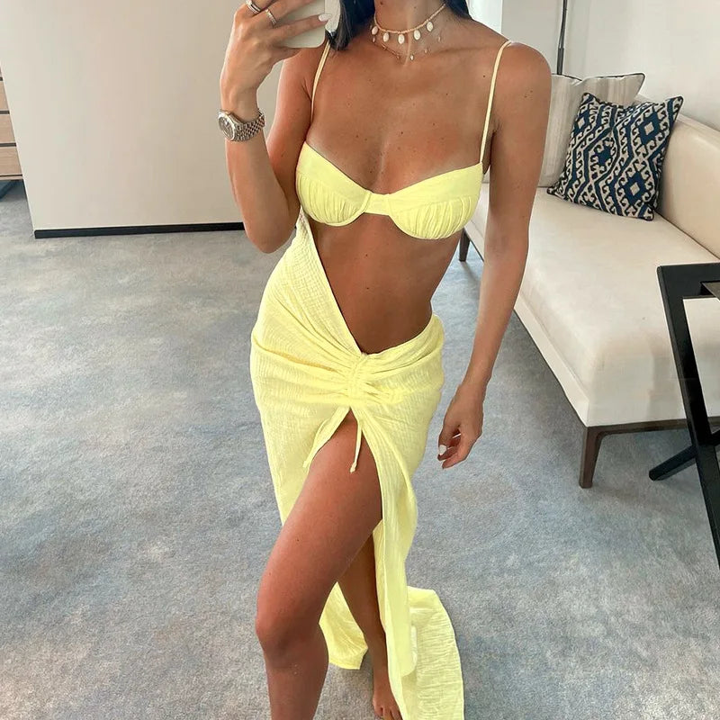 Melphieer Yellow Ruched Asymmetric Beach Dress for Women