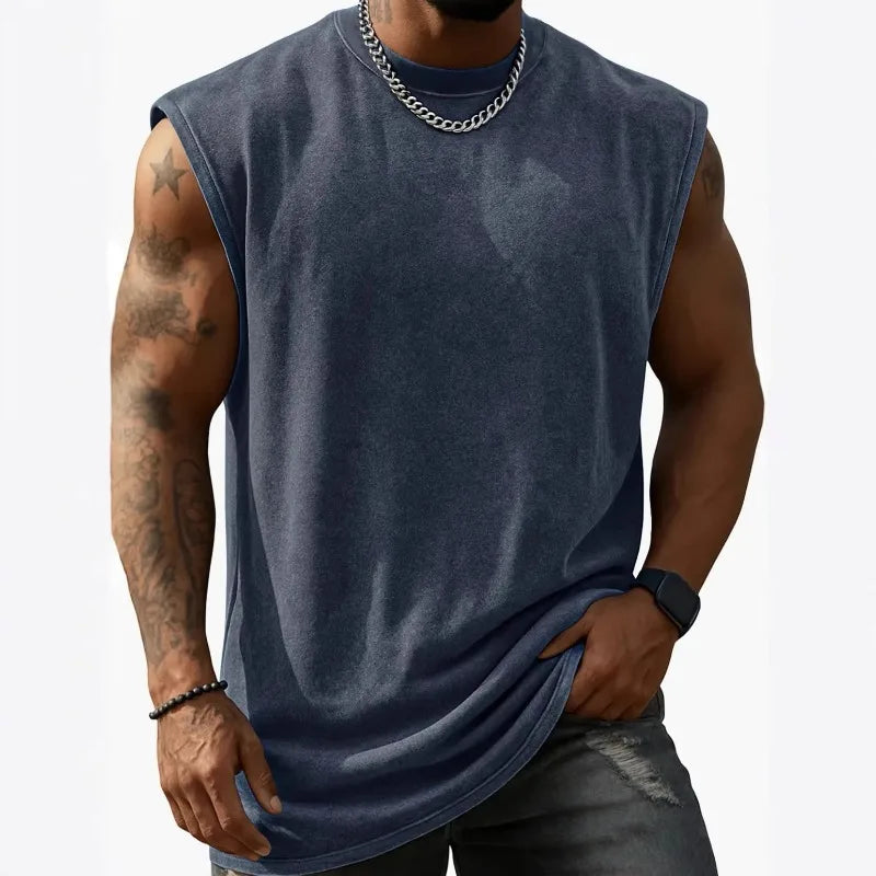 Men Vintage Washed Solid Crew Neck Sleeveless Tank Top Loose Fit Heavy Cotton Casual Fitness Summer Vest