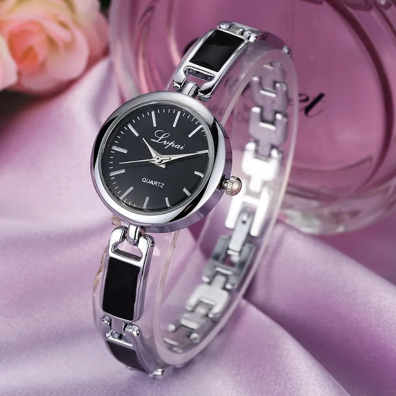 Elegant Rose Silver Quartz Bracelet Watch for Women