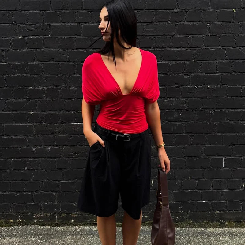 Backless Lace Up Ruched Crop Top for Women by Tornova