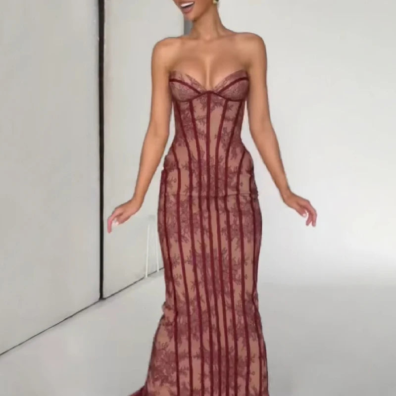 Elegant Floral Lace Strapless Slim Fit Dress for Women