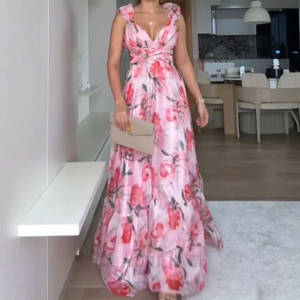 Floral Printed V-Neck Long Dress for Women by MALEY LifeStyle