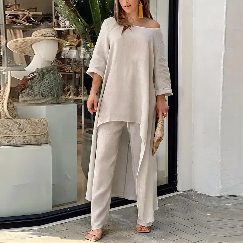 Plus Size Women's Indie Folk Asymmetrical Dress and Pants Set