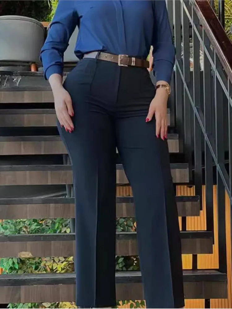 Elegant High Waist Straight Leg Women's Work Pants Polyester