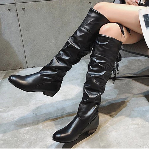 2024 Pleated Leather Knee High Boots for Women