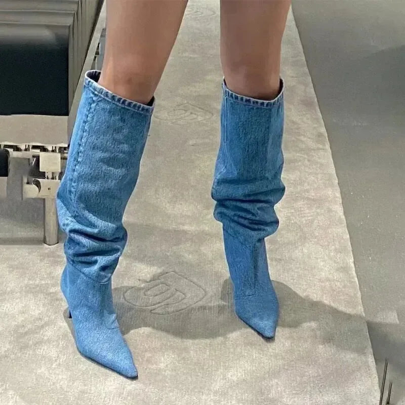 2026 New Women Shoes Fashion Stack Canvas Cowboy Boots for Woman Exquisite Pointed Tip Knee High Boot Designer Shoes Botas Mujer