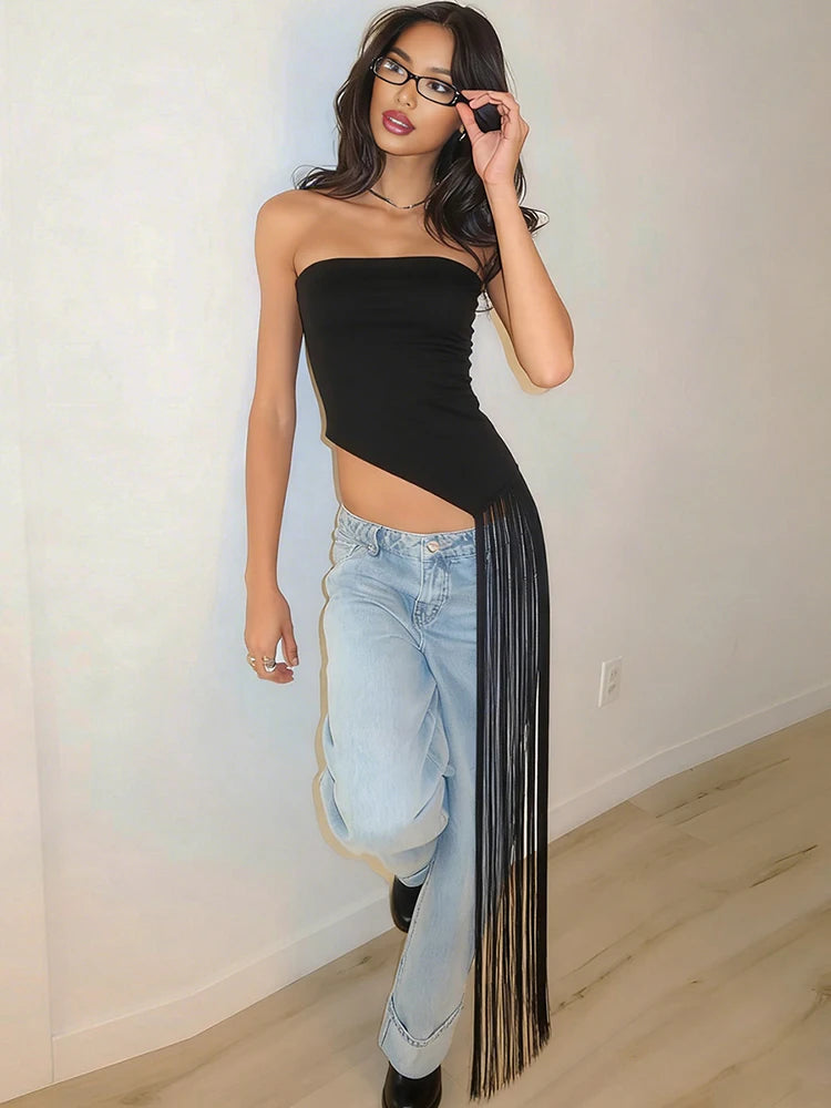 Kliou Sexy Strapless Tops Woman Summer Trend Wrap Chest Backless Long Tassel Decoration Hot Girls High Street Style Tank Tops