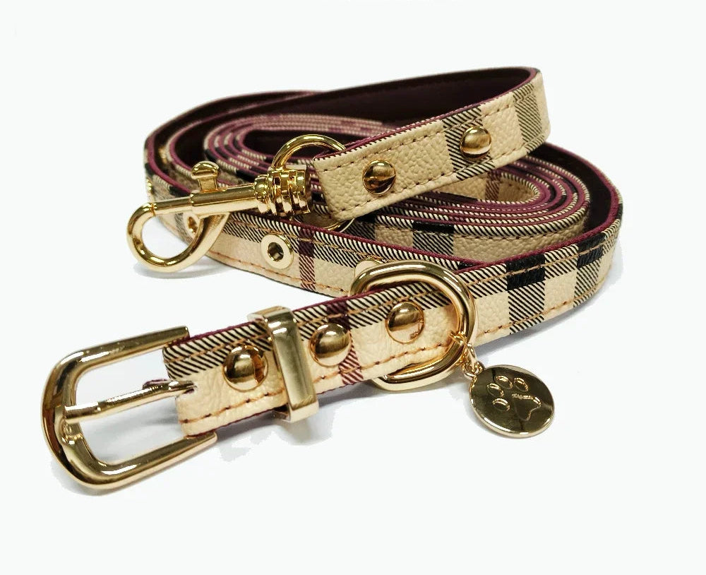 Stylish Plaid Leather Collar and Leash Set for Pets