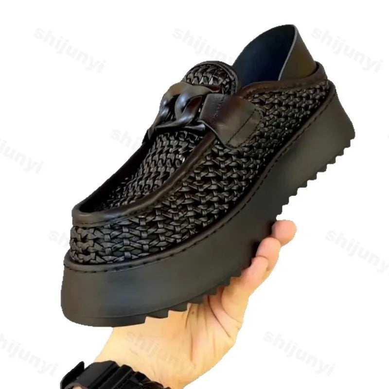 Men's Shoes 2026 New Thick Soled Height Increasing Trend Breathable Loafers Fashion Retro Weave Versatile Platform Casual Shoes