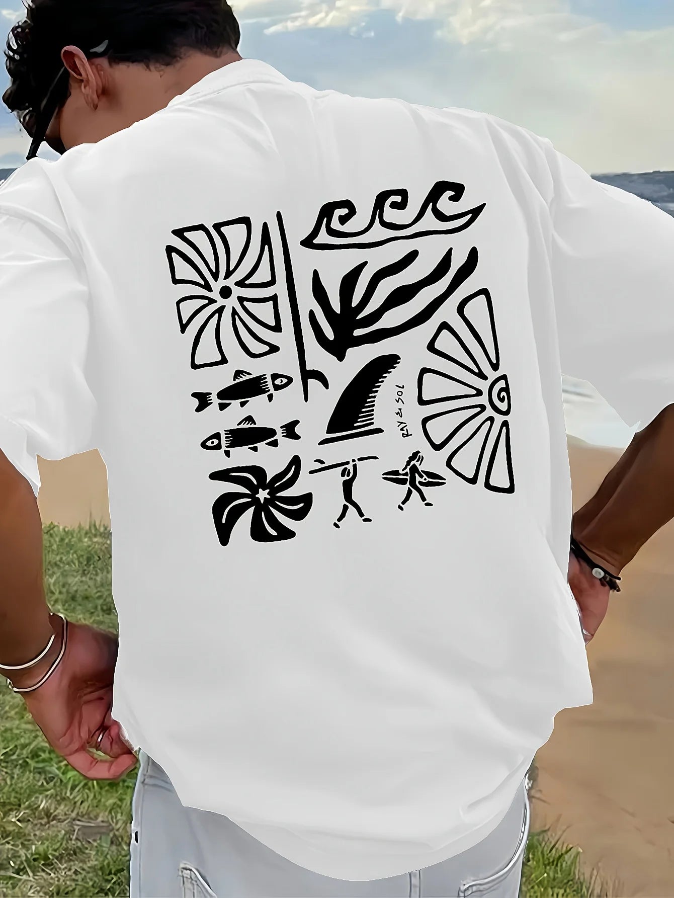 Men's Black Yellow Tropical Beach Graphic T-shirt