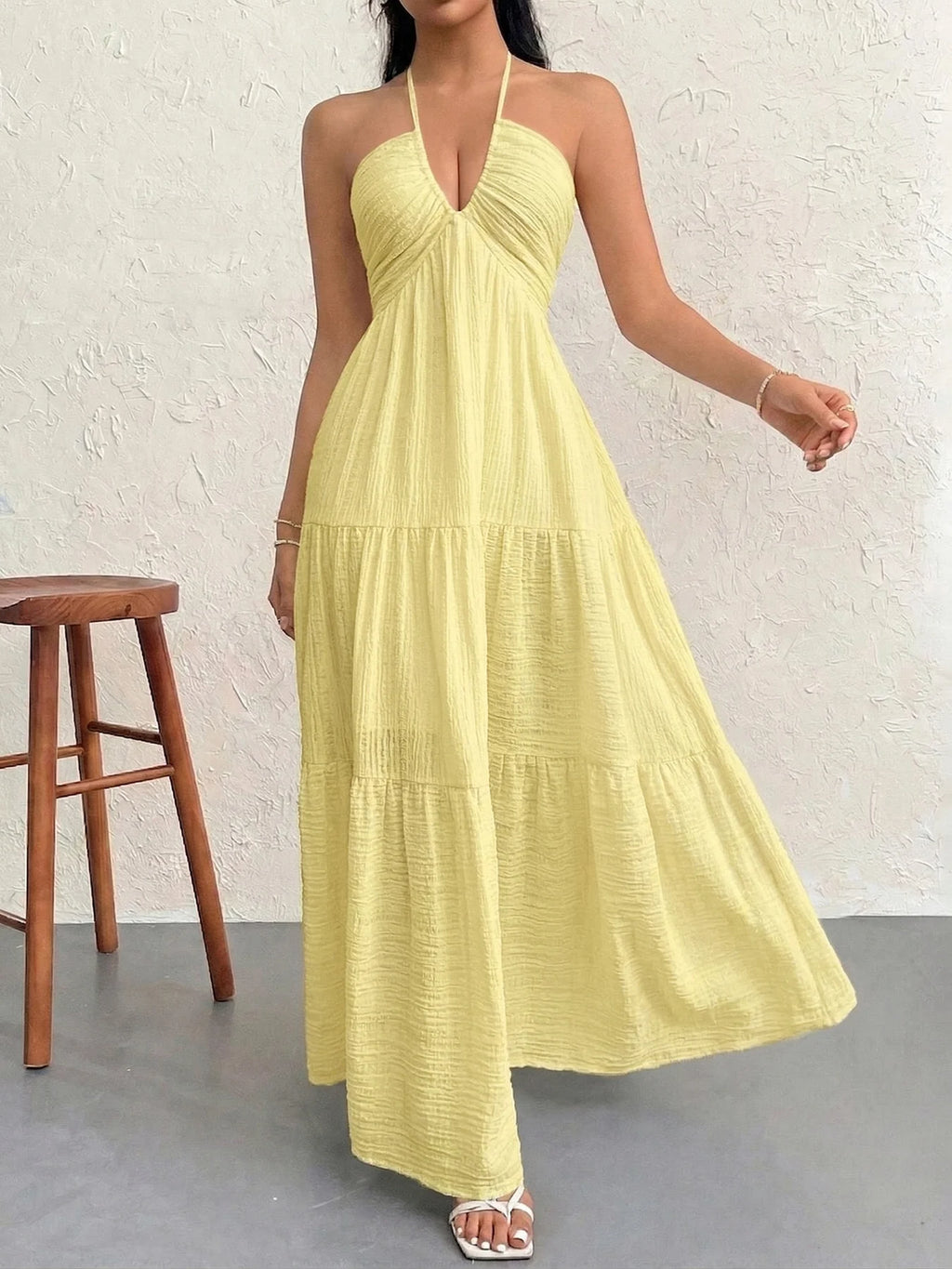 Yellow Tiered Flowy Halter Dress for Women by MALEY LifeStyle