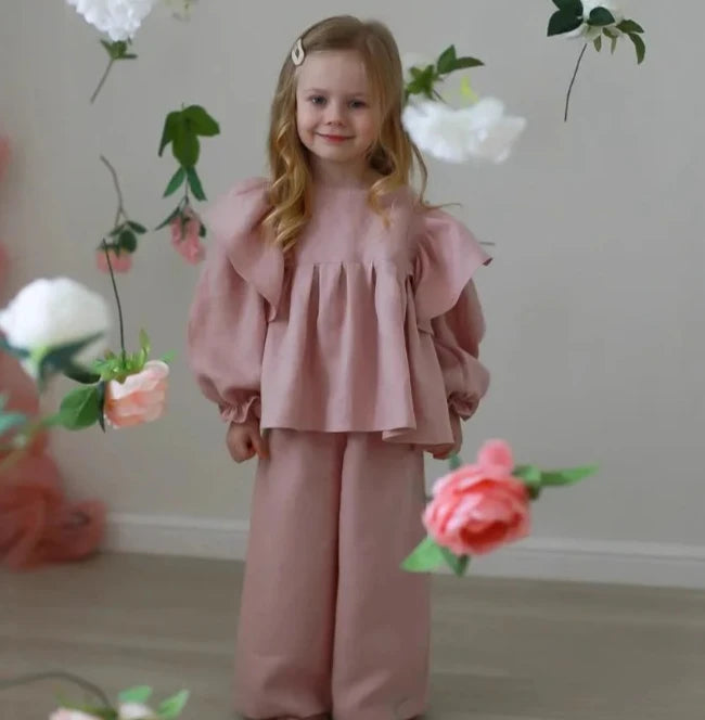 Girls Linen Ruffle Blouse and Nine Leg Pants Set