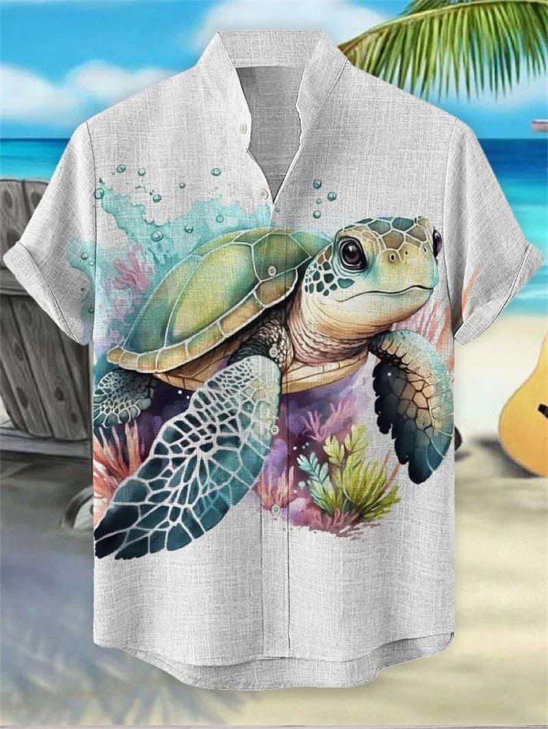Hawaiian linen shirt men's 3D printed summer loose fit Hawaiian top casual short sleeved lapel shirt men's style