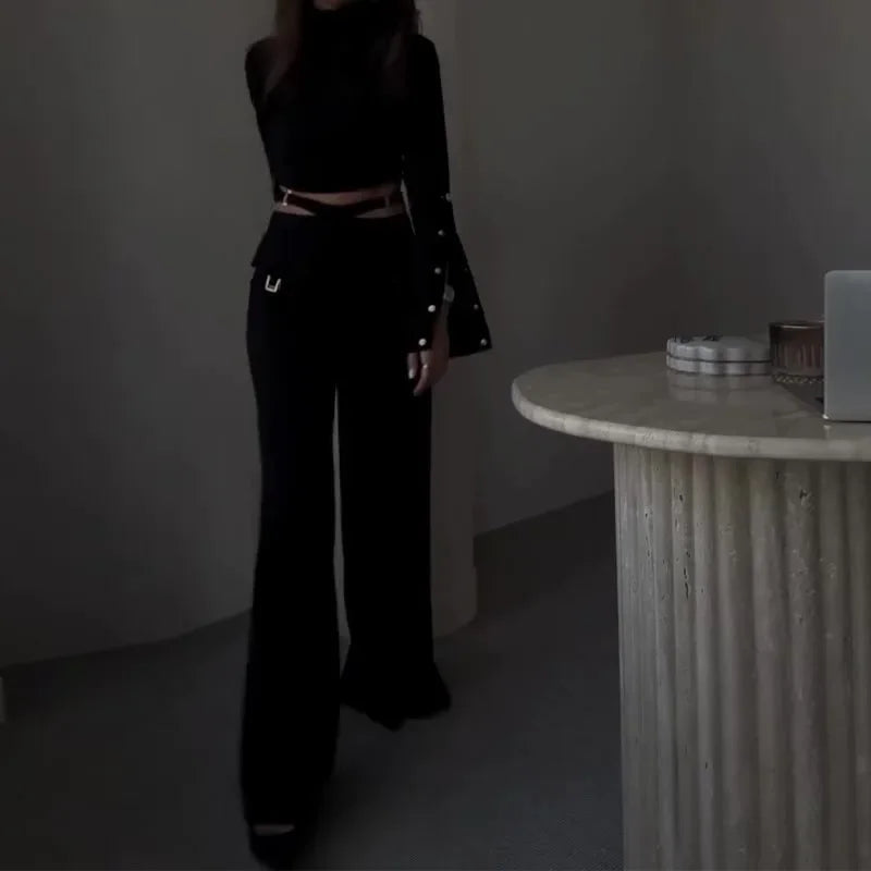 Elegant Women Turtleneck Pant Set with Wide Leg Pants