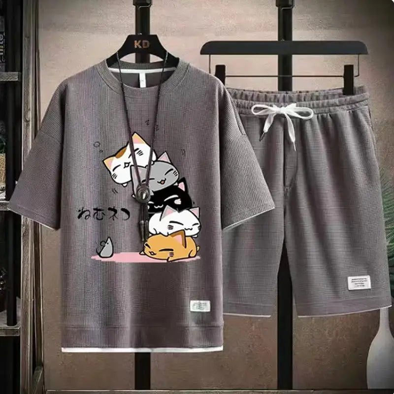 Men's Summer Waffle Set Brand Fashion Casual T-shirt+Shorts Set Men's Sports Set Loose ComfortableSlo Two-piece Set